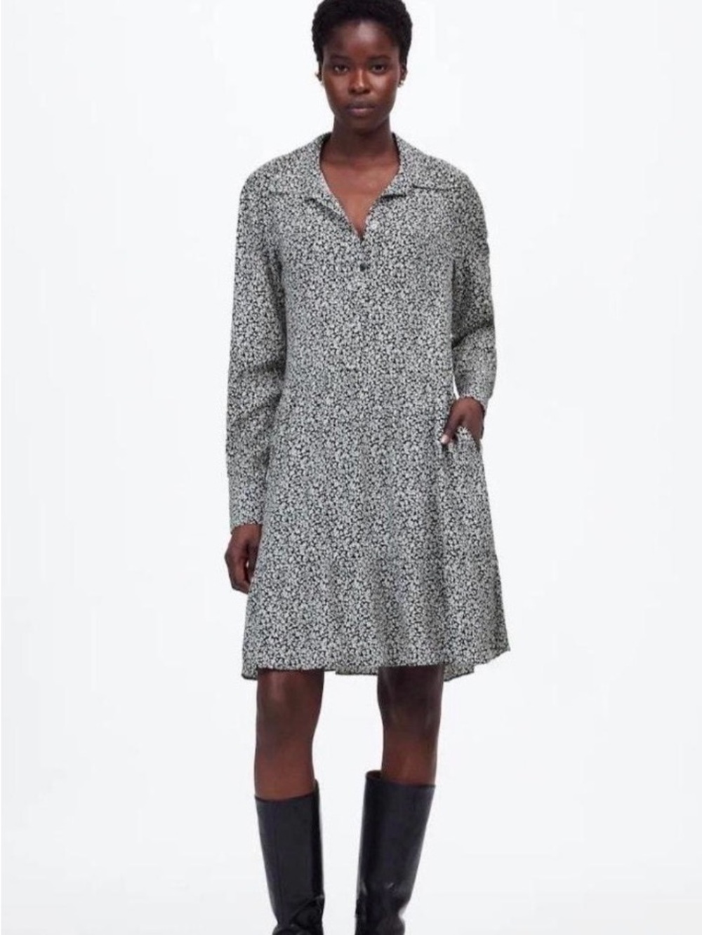 Madewell Women's Black & White Floral Long-Sleeve Shirt Dress